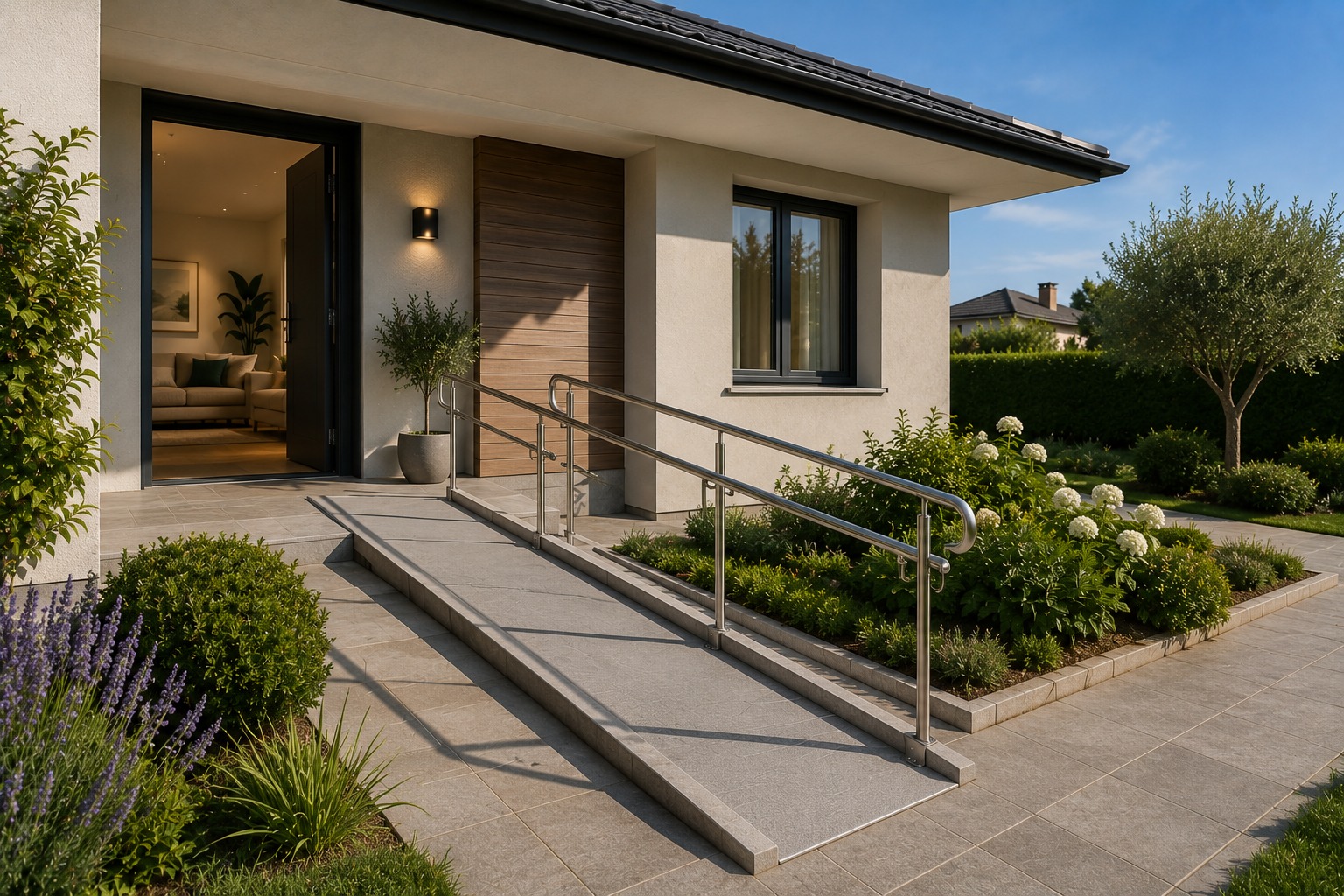 Ingresso di un'abitazione con rampa di accesso, corrimano in acciaio e giardino curato: esempio di casa accessibile