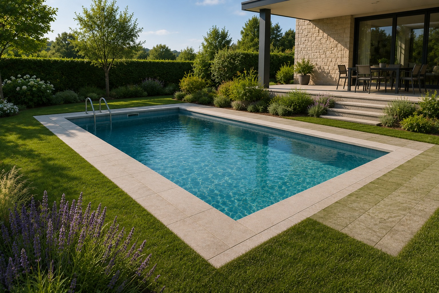Piscina interrata rettangolare in un giardino curato con bordo in pietra, prato verde e lavanda